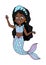 Vector illustration of an African American little mermaid with a blue tail and dress. Beautiful dark-skinned girl waves her hand.