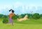 Vector illustration of African woman throwing frisbee and playing with dog in park.