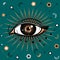 Vector illustration with All-seeing eye symbol. Celestial background. Retro and boho style