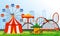Vector illustration amusement park elements on modern city background. Family rest in rides park with colorful ferris