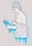 Vector illustration of ancient female statue with smartphone and bright blue decoration.