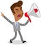 Vector illustration of an angry asian cartoon businessman walking and yelling into a megaphone