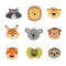 Vector illustration of animal faces including tiger, lion, Jaguar, lizard, sloth, monkey, Koala, lynx, raccoon
