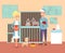 Vector illustration of animal shelter with volunteers characters with dogs and cat. Shelter, adopt pets concept. Happy