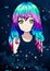 Vector illustration of an anime girl with beautiful purple gradient hair against a star sky in a dress of stars