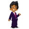 Vector illustration of a arab boy in man`s clothes. Cartoon of a young boy dressed up in a mans business blue suit presenting. Of