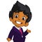 Vector illustration of a arab boy in man`s clothes. Cartoon of a young boy dressed up in a mans business blue suit presenting.