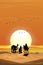 Vector illustration Arab family with camel walking in desert sands with sunset in evening,Vertical Landscape Scenery of sun over