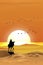 Vector illustration Arab man with camel walking in desert sands with sunset in evening,Vertical Landscape Scenery of sun over