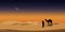 Vector illustration Arab man with camel walking in desert sands with sunset in evening,Vertical Scenery of sun over mountains