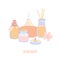 Vector illustration Aromatherapy with essential oil bottles, aroma diffusor and candle.