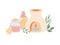 Vector illustration Aromatherapy with incense burner, essential oil bottles, flower and herbs.
