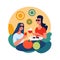 Vector Illustration Artwork Two Women are seated and enjoying fruits and juice.
