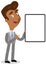 Vector illustration of an asian cartoon businessman holding blank board and pointing