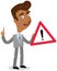 Vector illustration of an asian cartoon businessman holding warning sign in his hand.