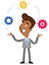 Vector illustration of an asian cartoon businessman juggling cog wheels, symbolizing strategic thinking, creativity