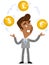 Vector illustration of an asian cartoon businessman juggling euro, pound, dollar coins, different currencies