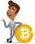 Vector illustration of an asian cartoon businessman leaning against bit coin