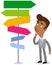 Vector illustration of an asian cartoon businessman looking confused at colorful signpost pointing in different directions