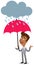 Vector illustration of an asian cartoon businessman standing under an umbrella in the rain