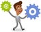 Vector illustration of an asian cartoon businessman walking, holding holding cogs