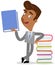 Vector illustration of an asian cartoon teacher leaning against stack of books holding a blue one in his hand