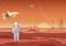 Vector illustration of astronaut standing at Mars colony and looking at flying spaceship.
