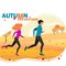 Vector illustration of athletes running cross, young man and girl running in autumn forest, flat design