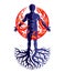 Vector illustration of athletic man composed with tree roots, fire person as bunch of the powerful energy covered with a fireball.