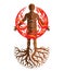 Vector illustration of athletic man composed with tree roots, fire person as bunch of the powerful energy covered with a fireball.