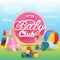 Vector Illustration Of Babies with Toys Outside On The Grass and baby Club Title