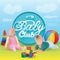 Vector Illustration Of Babies with Toys Outside On The Grass and baby Club Title