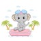 Vector illustration of a baby elephant floating on an inflatable circle. Palm trees and clouds.