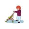 Vector illustration of baby girl with little stroller. Cartoon character, kid with pram, toddler in profile.