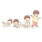 Vector illustration of baby growth stage in first year. Set of lying, rolling over, crawling, sitting, walking. 1 year child