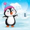 Vector Illustration Of Baby Penguin Standing Next To A Igloo