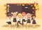 Vector illustration back to school cartoon characters schoolboys schoolgirls pupils apprentices happy classmates jumping