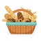 Vector illustration for bakery shop. Basket with wheat and fresh bread