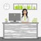 Vector illustration of bank office manager woman at her desk. Bank Service