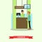 Vector illustration of bank teller serving customer in flat style.