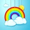 Vector illustration banner of hanging rainbow, sun and clouds