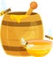 vector illustration of a barrel with honey, bees sitting on a wooden barrel with honey, a saucer with honey