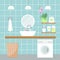 Vector illustration of a bathroom interior in pleasant light blue colors. Sink, mirror, flower, cosmetics, towel