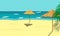 Vector illustration beach with straw umbrellas palm trees. Bright sunlight sand ocean waves. Traveling summer family seaside