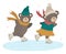 Vector illustration of bears in clothes skating on a rink. Cute woodland animals doing winter activities