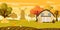 Vector illustration of beautiful autumn farm. Cartoon landscape with hay bales, chickens, mill, pumpkins, yellow trees