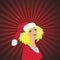 Vector illustration of beautiful blond girl as Santa Claus, red rays in background.