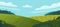 Vector illustration of beautiful fields landscape with a dawn, green hills, bright color blue sky, background in flat cartoon