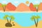 Vector illustration of beautiful panoramic view. Mountains in summer with see or ocean, morning mountain, landscape