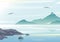 Vector illustration of beautiful sea view, water of the ocean, rocks on the beach, mountains and sky background in